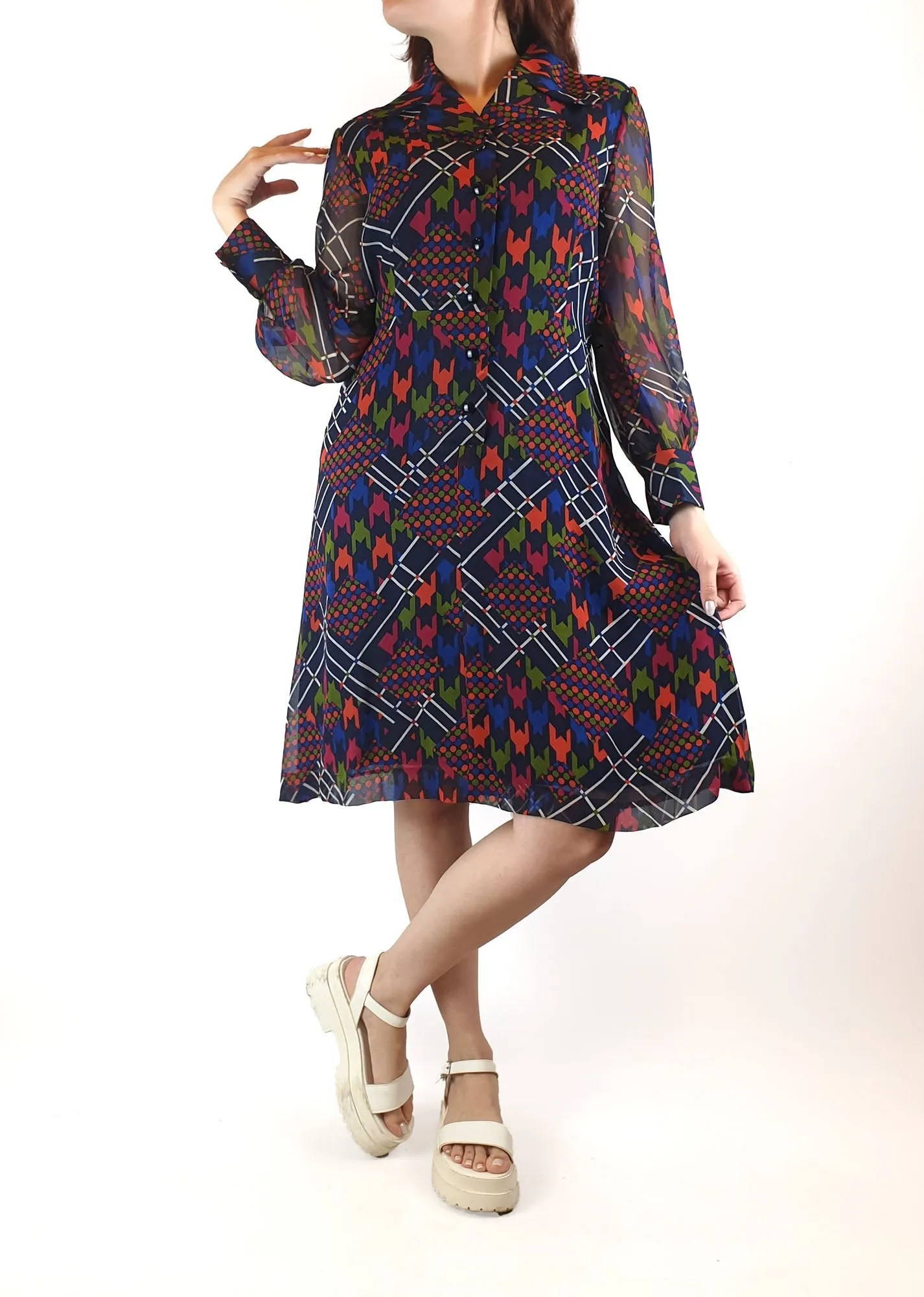 Colourful long sleeve shirt dress fits size 10