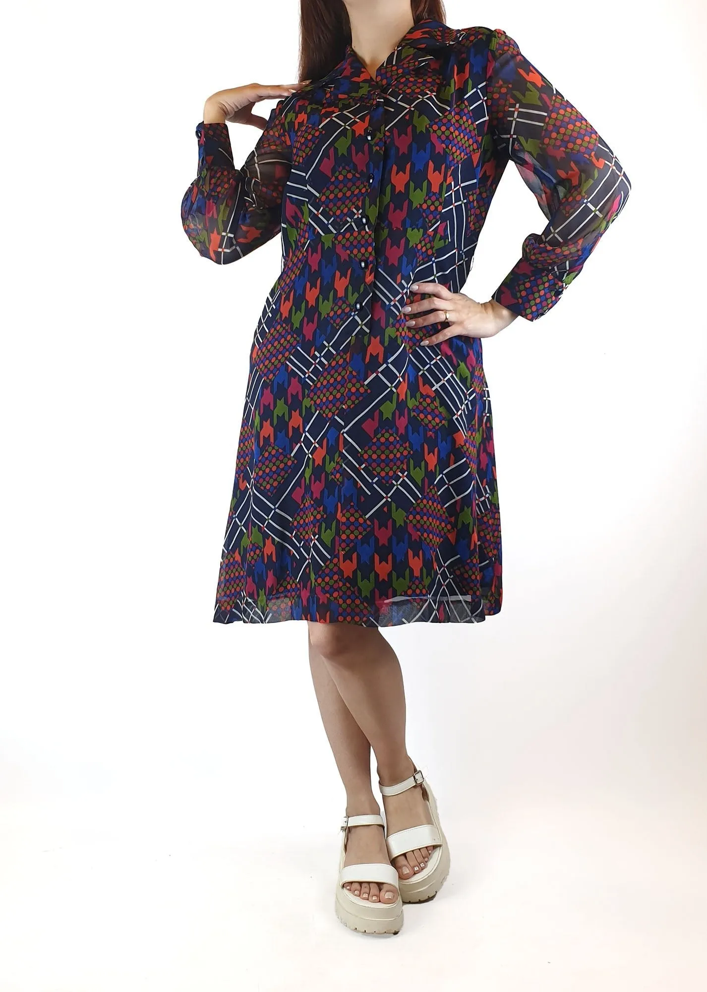 Colourful long sleeve shirt dress fits size 10