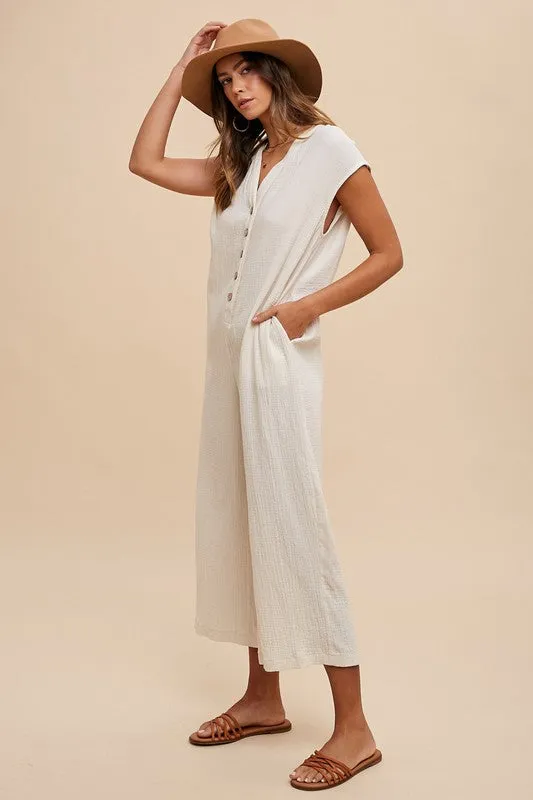 Cream Button Detail Wide Leg Jumpsuit