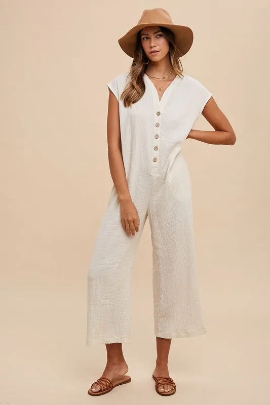 Cream Button Detail Wide Leg Jumpsuit