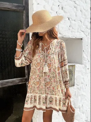 Cream Floral Printed A-Line Boho Dress