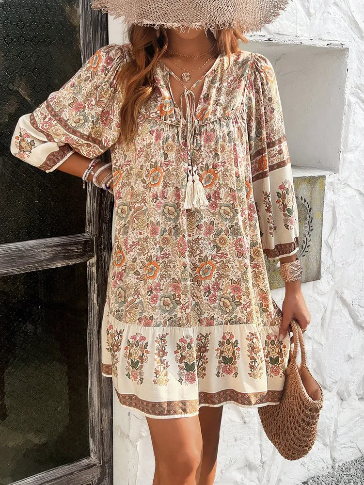 Cream Floral Printed A-Line Boho Dress