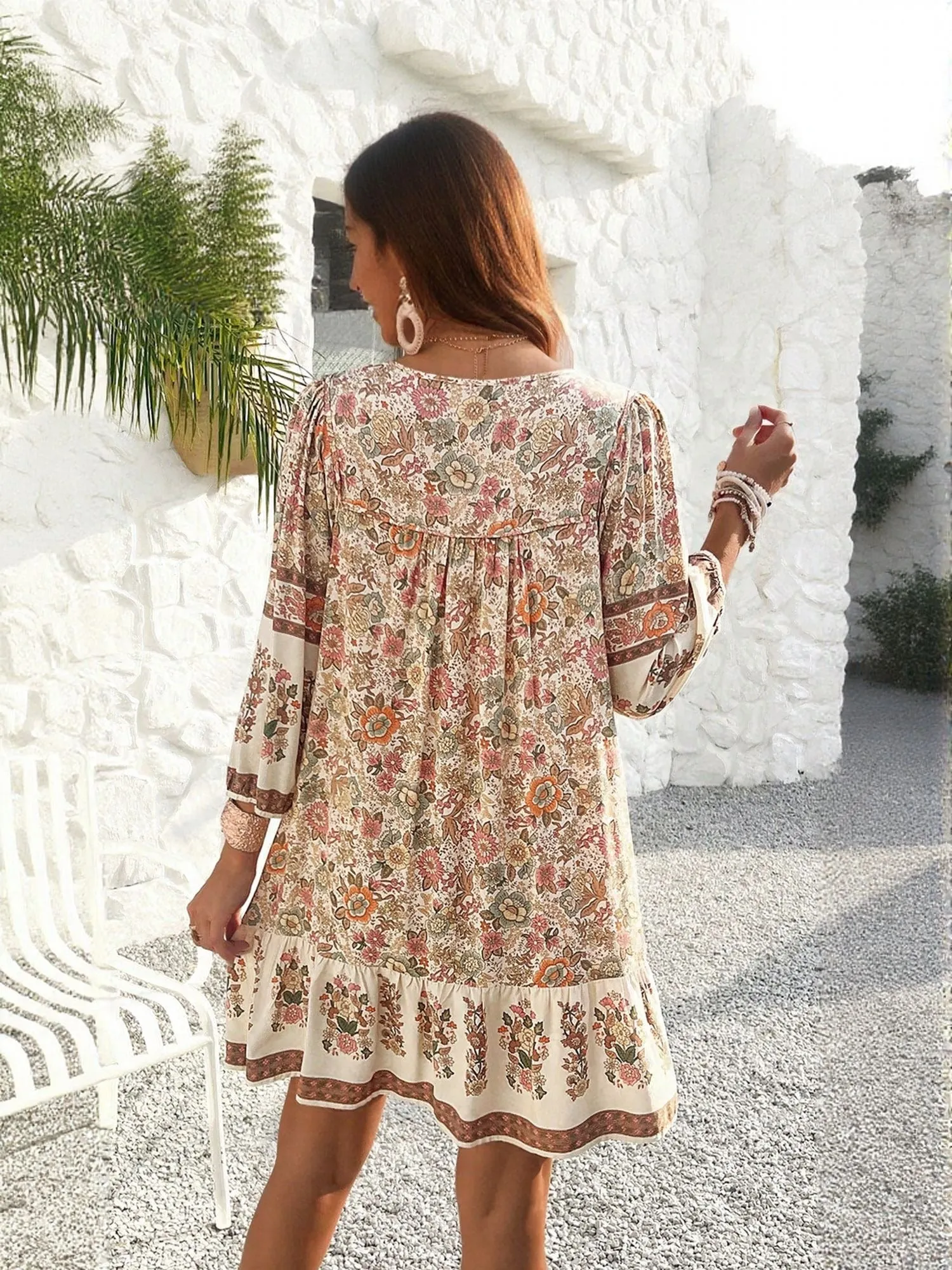 Cream Floral Printed A-Line Boho Dress