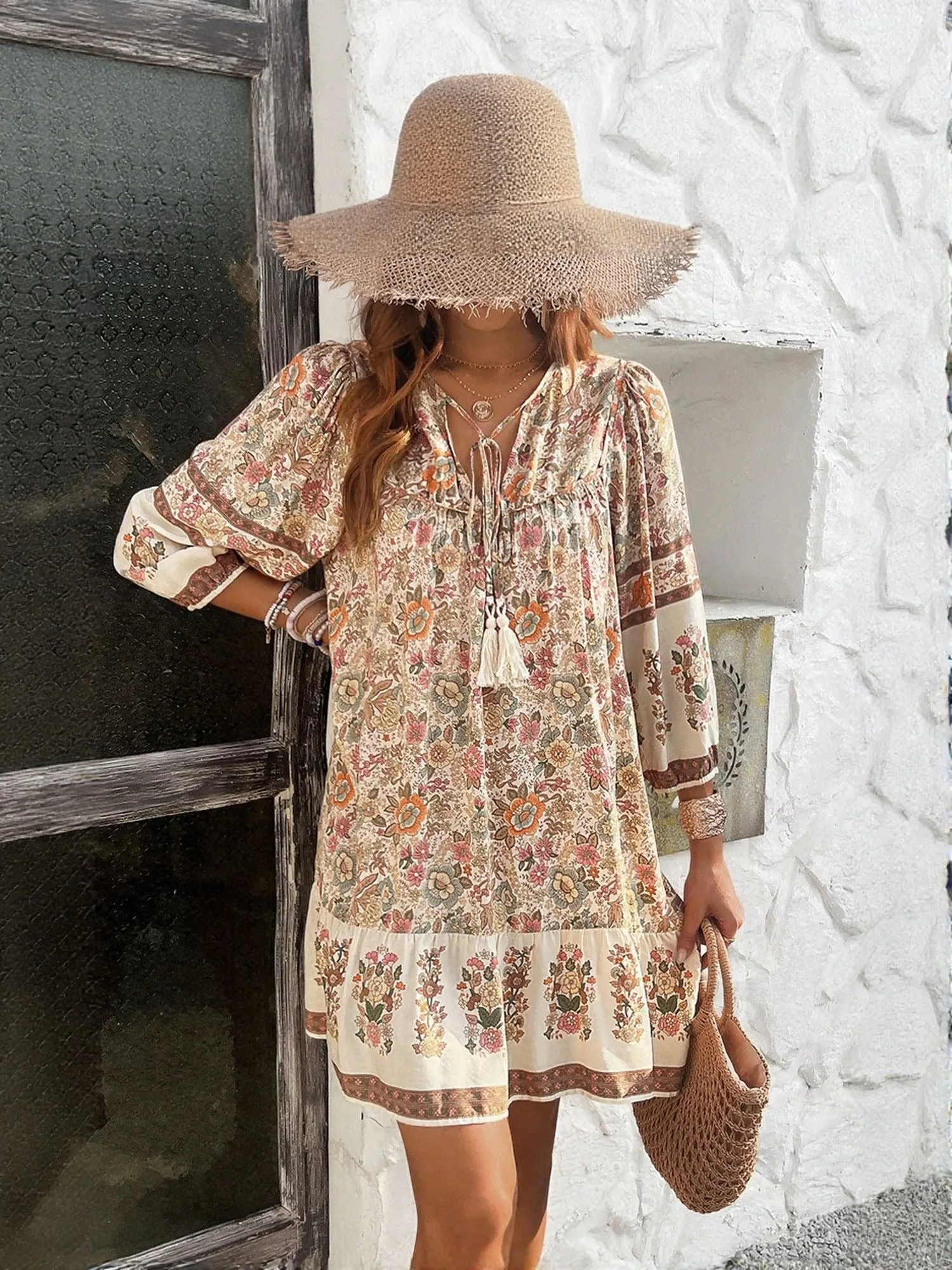Cream Floral Printed A-Line Boho Dress