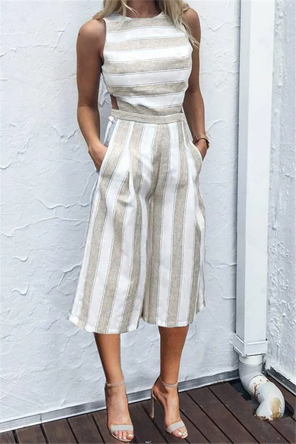 creamtopmall Casual Striped Wide Leg Jumpsuit