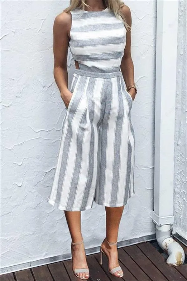 creamtopmall Casual Striped Wide Leg Jumpsuit