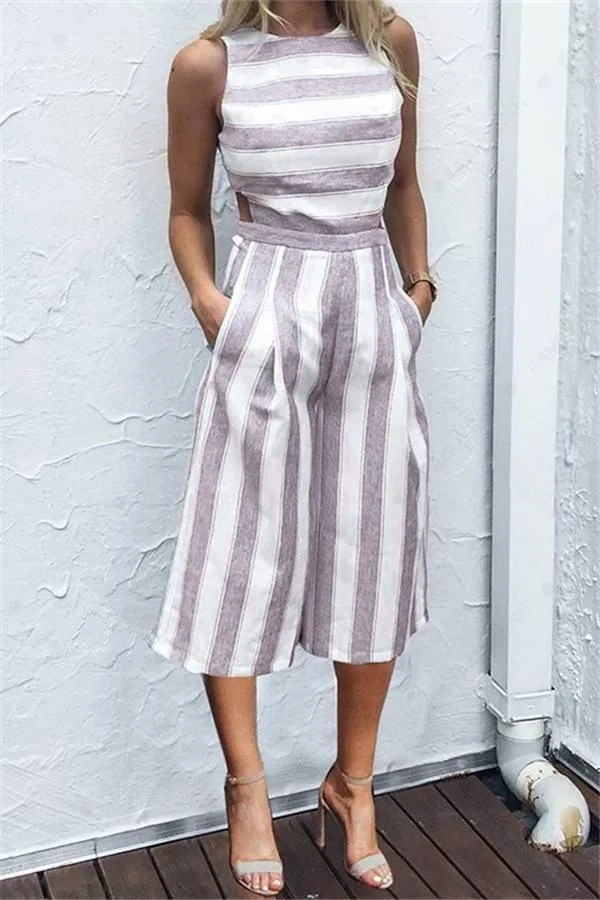 creamtopmall Casual Striped Wide Leg Jumpsuit