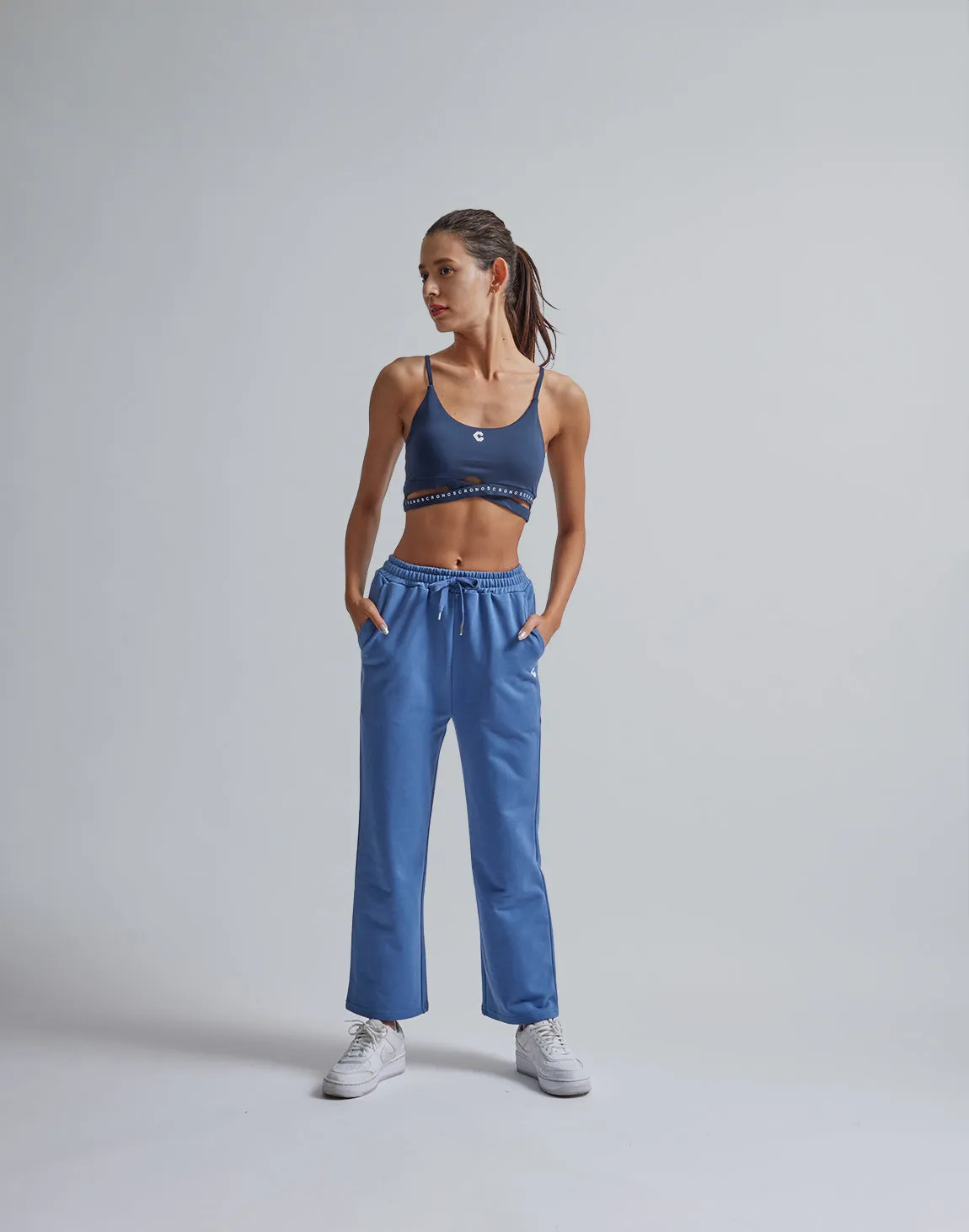 CRONOS WOMEN HIP LOGO FLARE PANTS【BLUE】