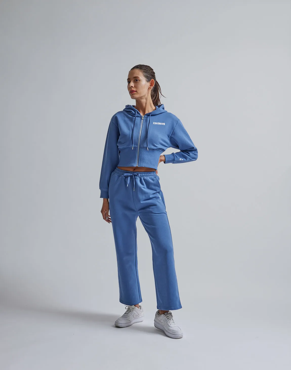 CRONOS WOMEN HIP LOGO FLARE PANTS【BLUE】
