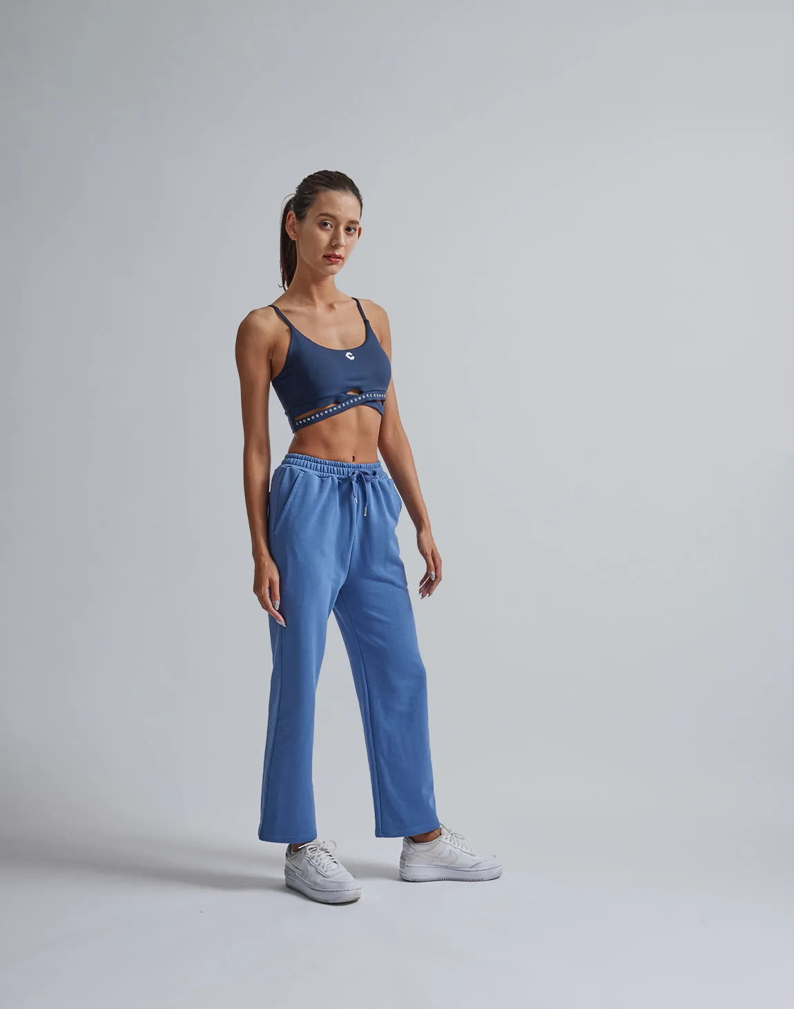 CRONOS WOMEN HIP LOGO FLARE PANTS【BLUE】