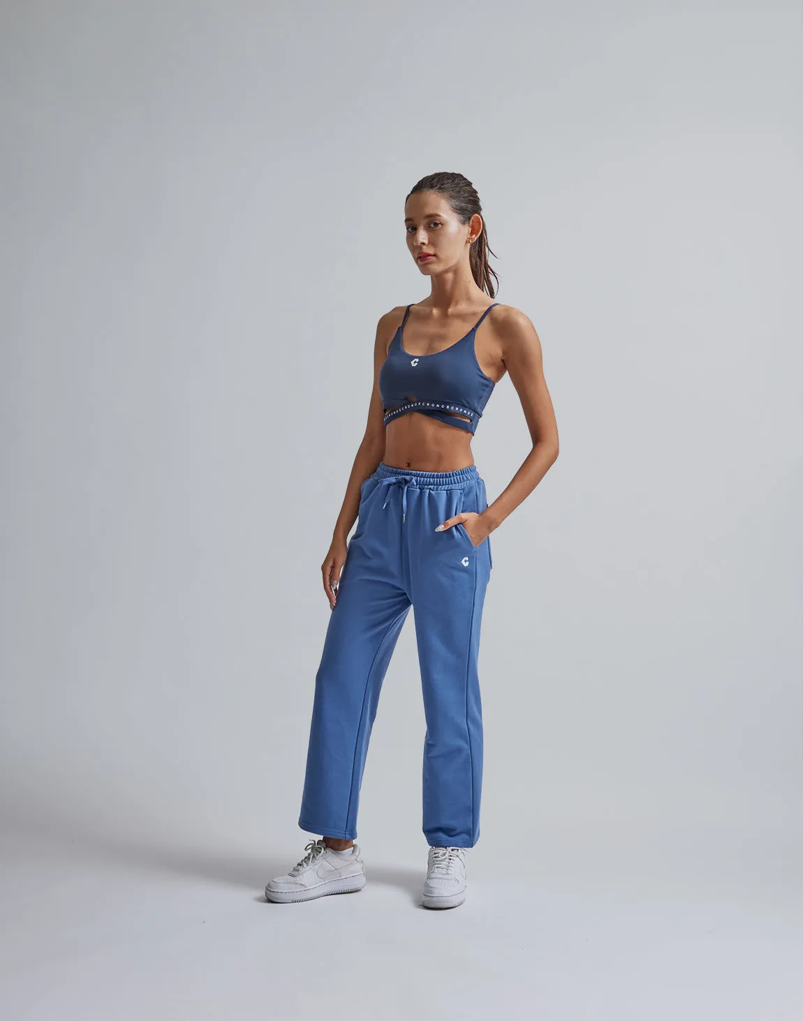 CRONOS WOMEN HIP LOGO FLARE PANTS【BLUE】