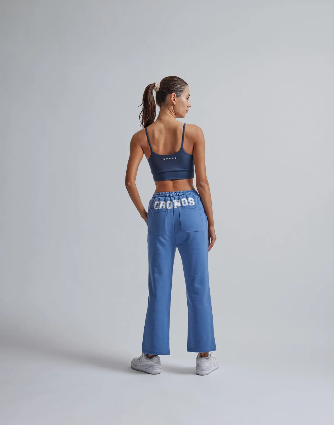 CRONOS WOMEN HIP LOGO FLARE PANTS【BLUE】