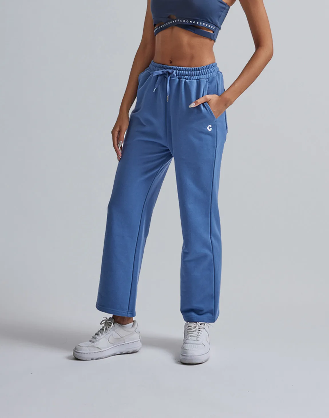 CRONOS WOMEN HIP LOGO FLARE PANTS【BLUE】