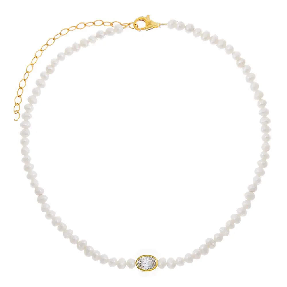 CZ Oval Bezel Pearl Choker