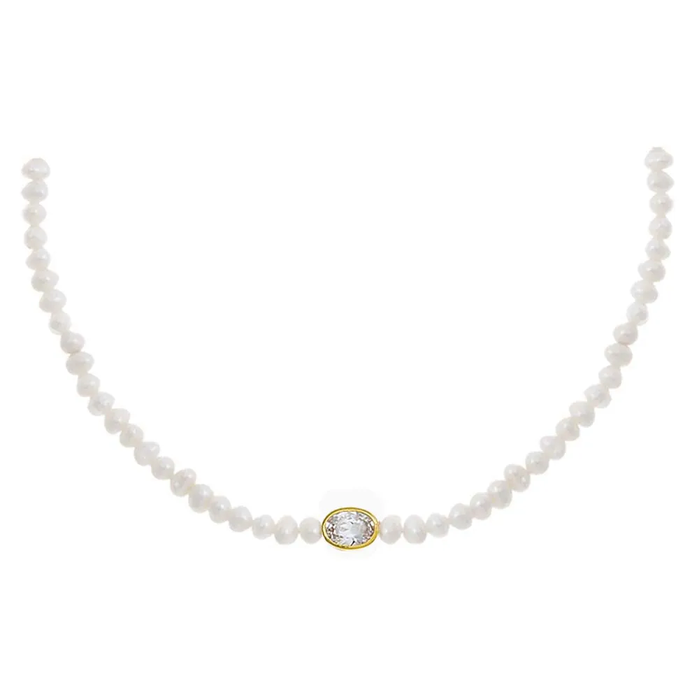 CZ Oval Bezel Pearl Choker