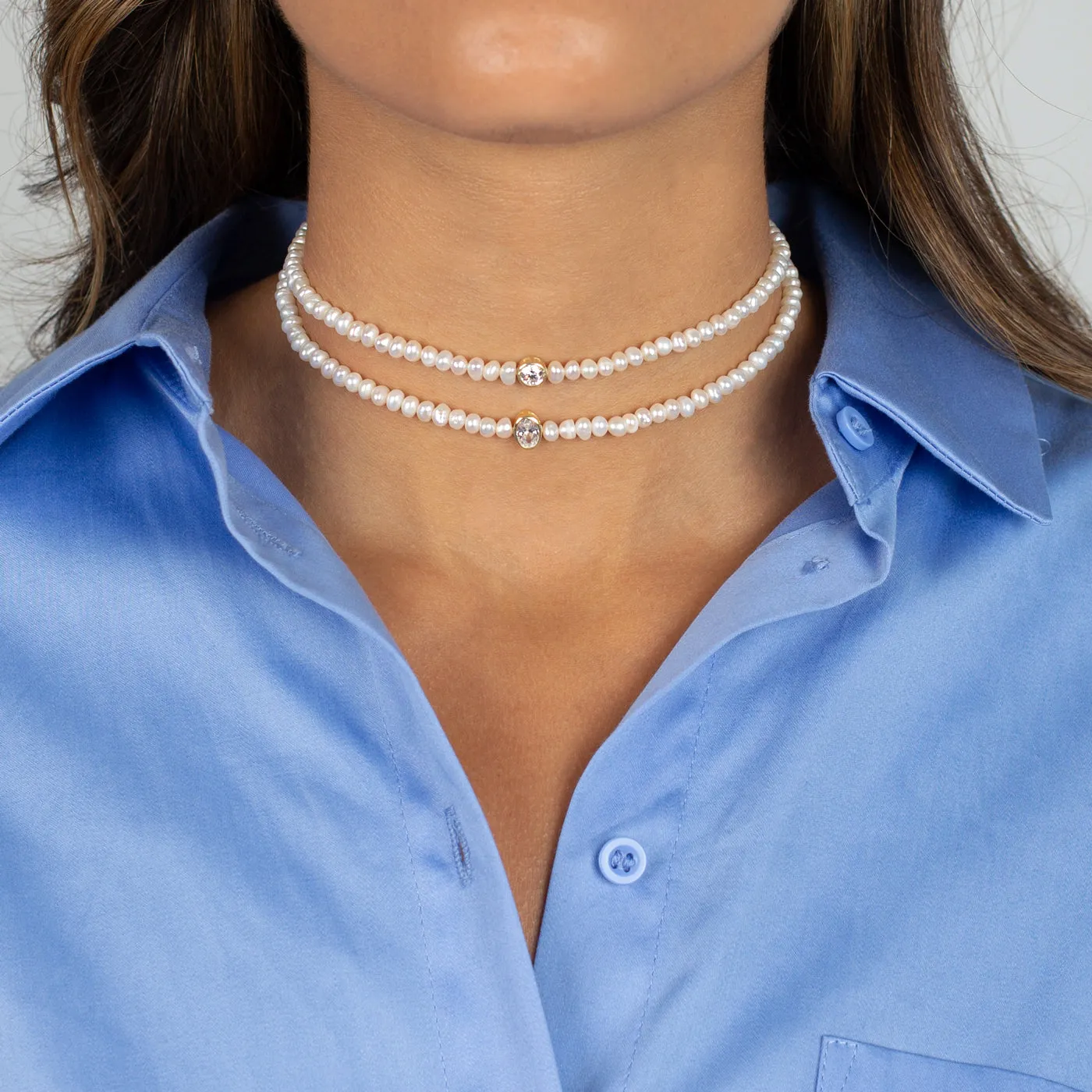 CZ Oval Bezel Pearl Choker
