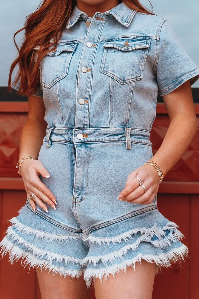 Denim Button Down Frayed Hem Romper LR1125