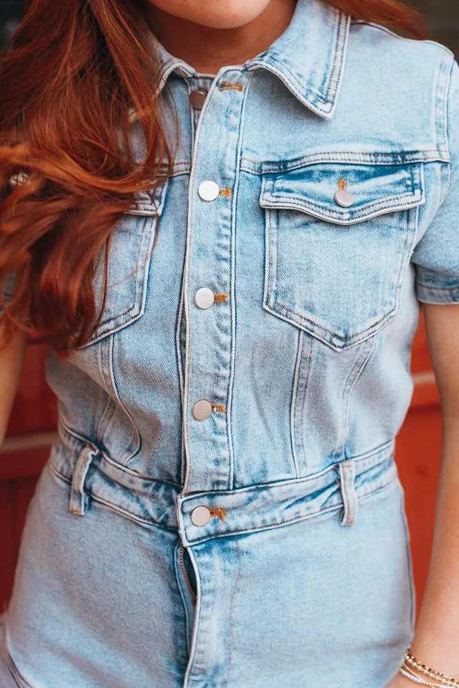 Denim Button Down Frayed Hem Romper LR1125
