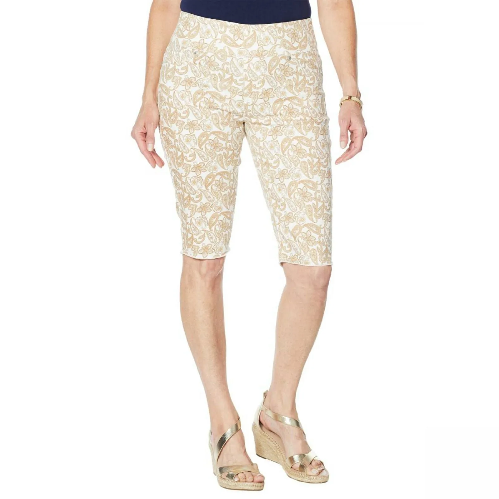 DG2 by Diane Gilman Pull On Bermuda Shorts Khaki Paisley Plus 1X