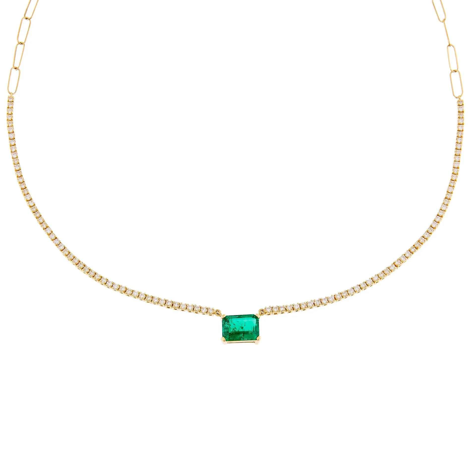 Diamond Emerald Tennis X Link Necklace 14K