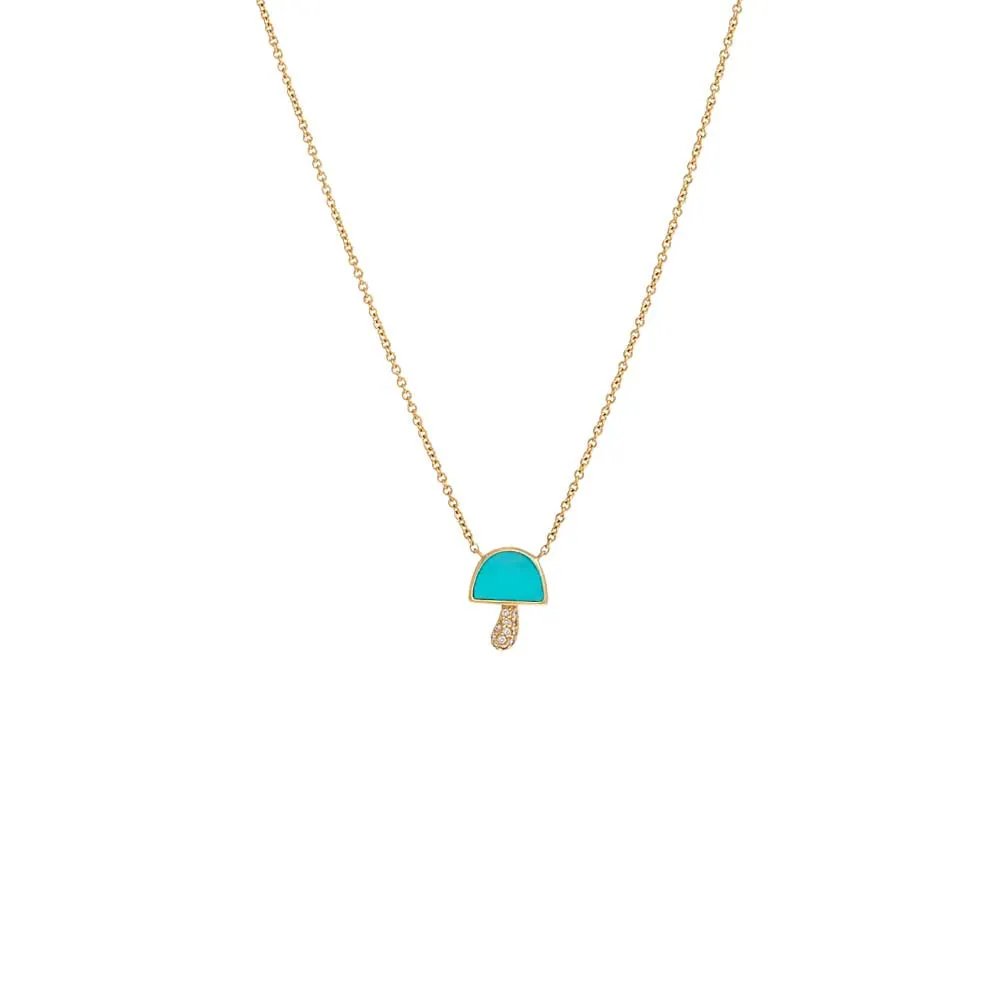 Diamond Pave X Colored Stone Mushroom Necklace 14K