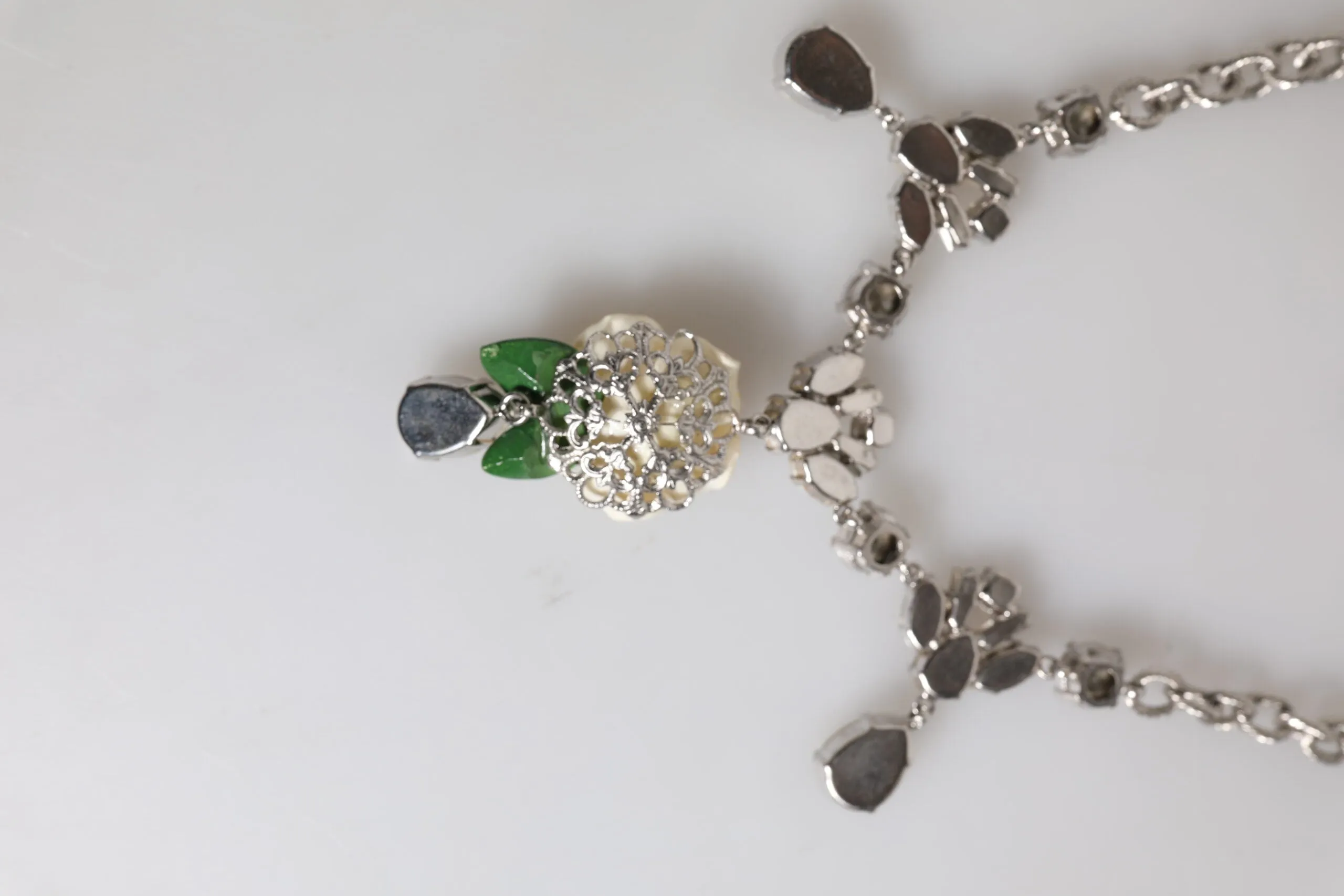 Dolce & Gabbana Silver Tone Brass Clear Crystal Roses Pendants Necklace