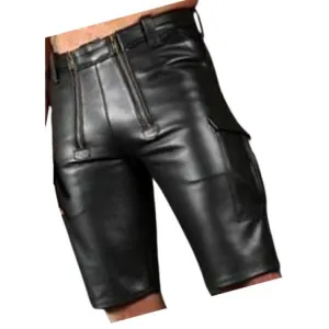 Double Front Zipper Real Sheepskin Black Leather Cargo Shorts For Men