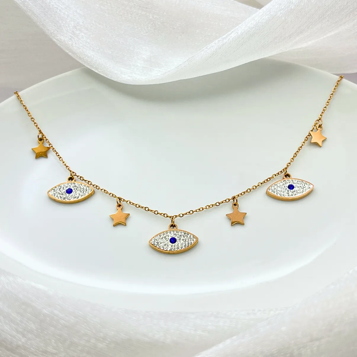 Evil Eye Star Charm Necklace Gold Plated, Waterproof and Anti-Tarnish