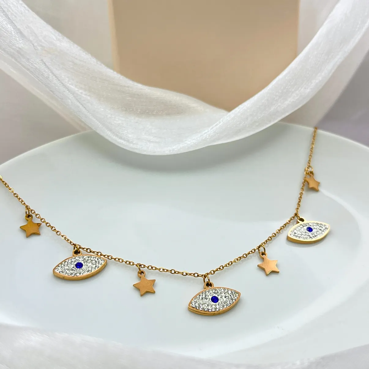 Evil Eye Star Charm Necklace Gold Plated, Waterproof and Anti-Tarnish