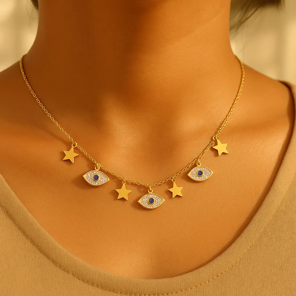 Evil Eye Star Charm Necklace Gold Plated, Waterproof and Anti-Tarnish