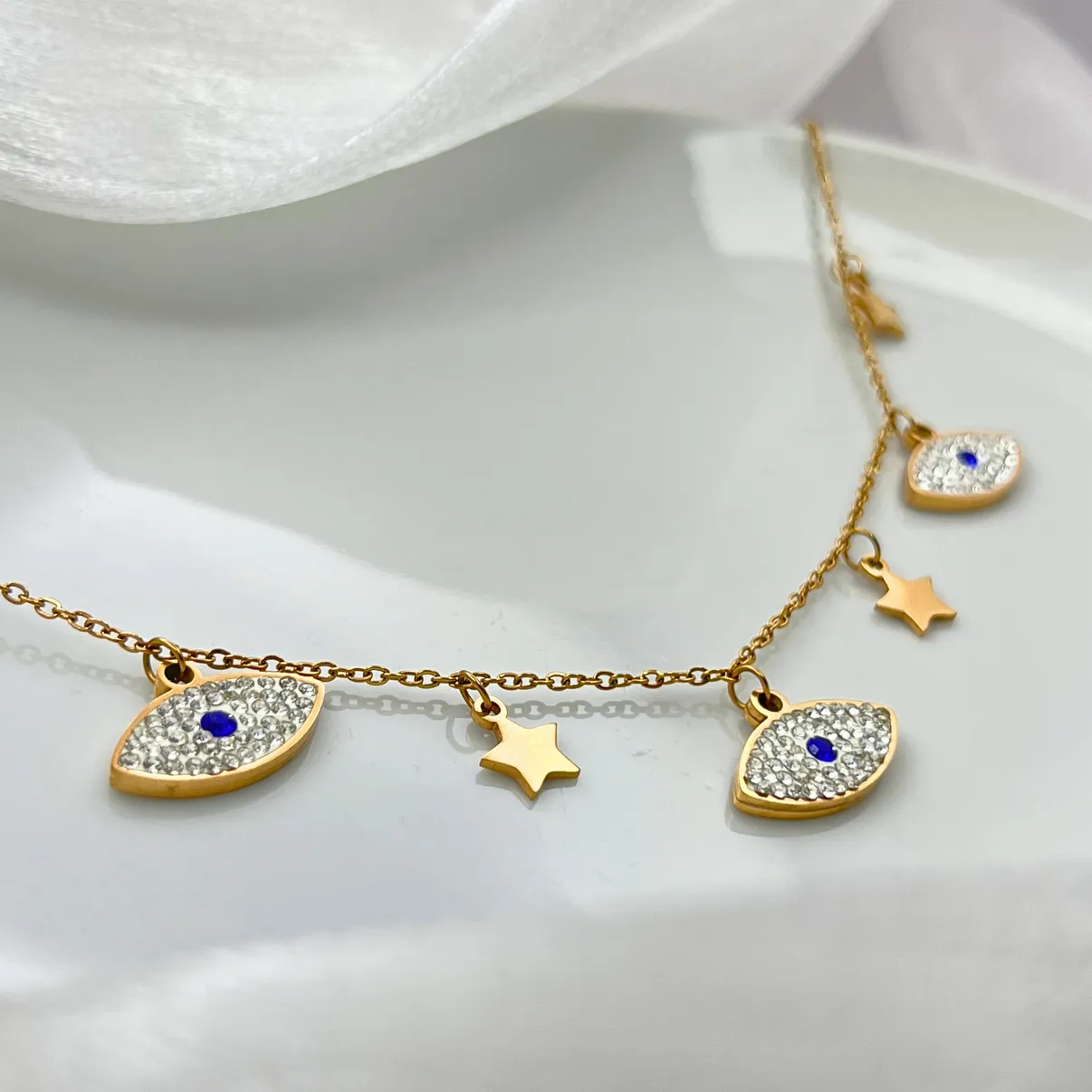 Evil Eye Star Charm Necklace Gold Plated, Waterproof and Anti-Tarnish