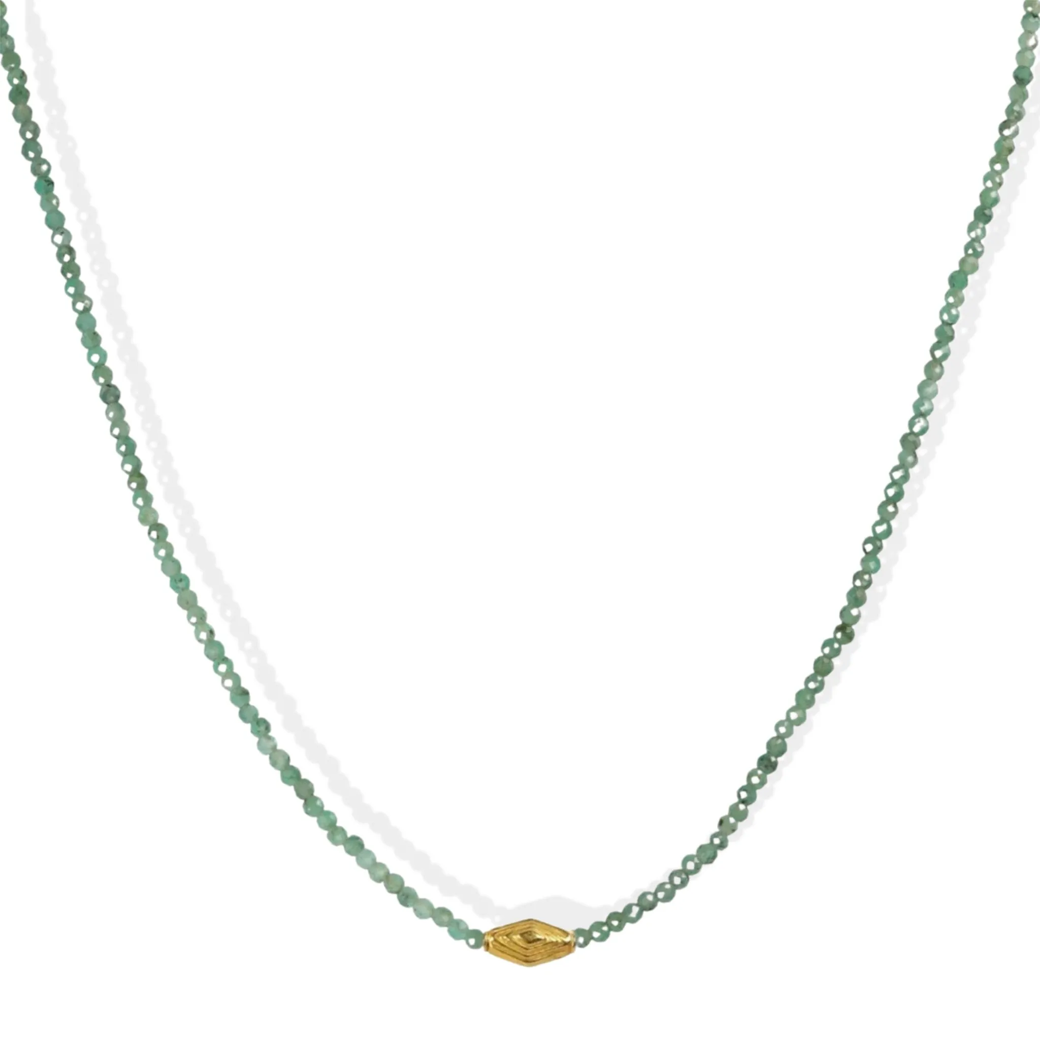 Faceted Emerald Beaded Necklace with 18K Stepped Rhombus Bead & Clasp