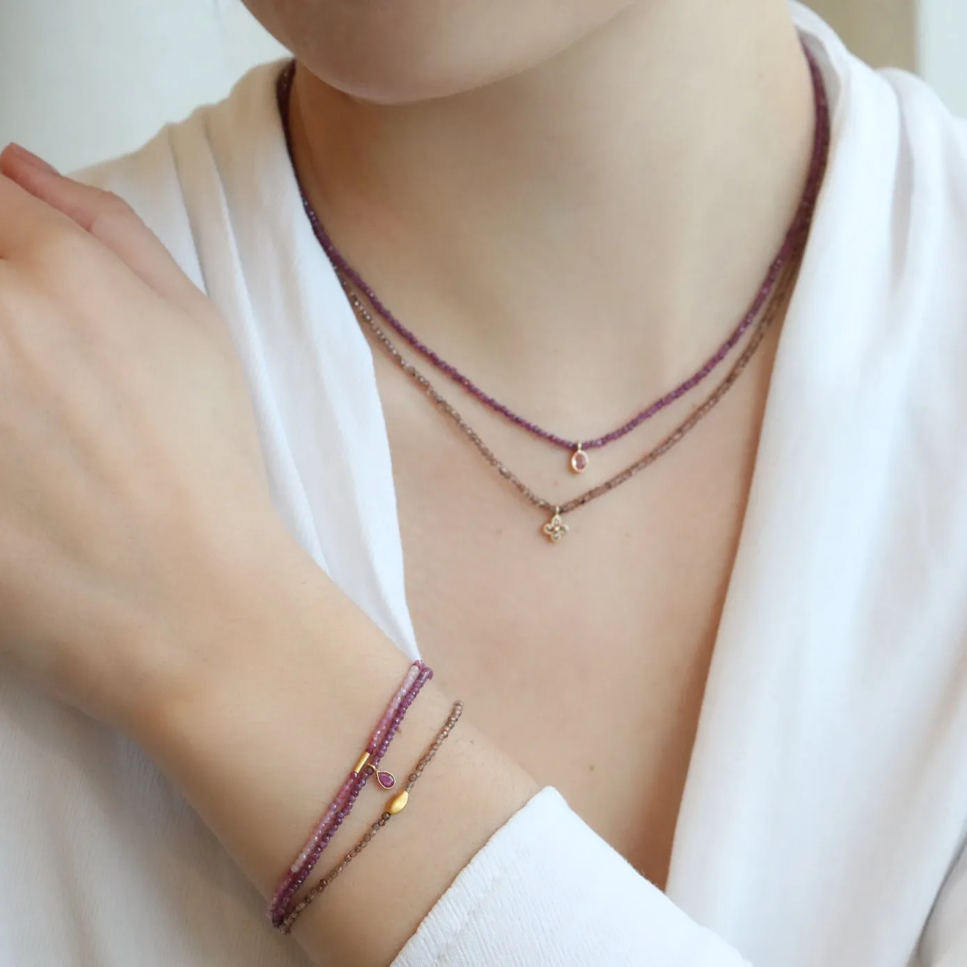Faceted Ruby Beaded Necklace with 18K Gold Sapphire Charm