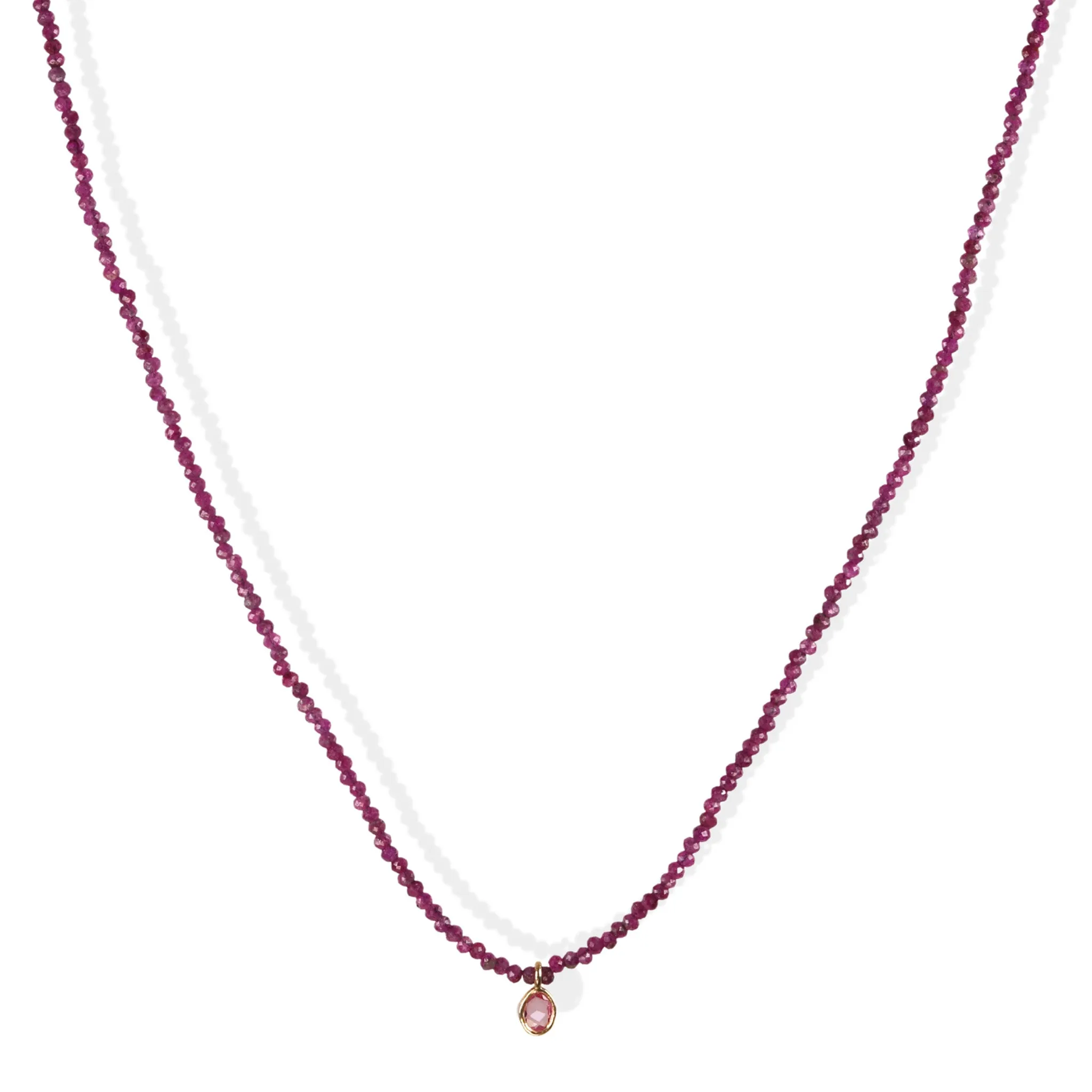 Faceted Ruby Beaded Necklace with 18K Gold Sapphire Charm