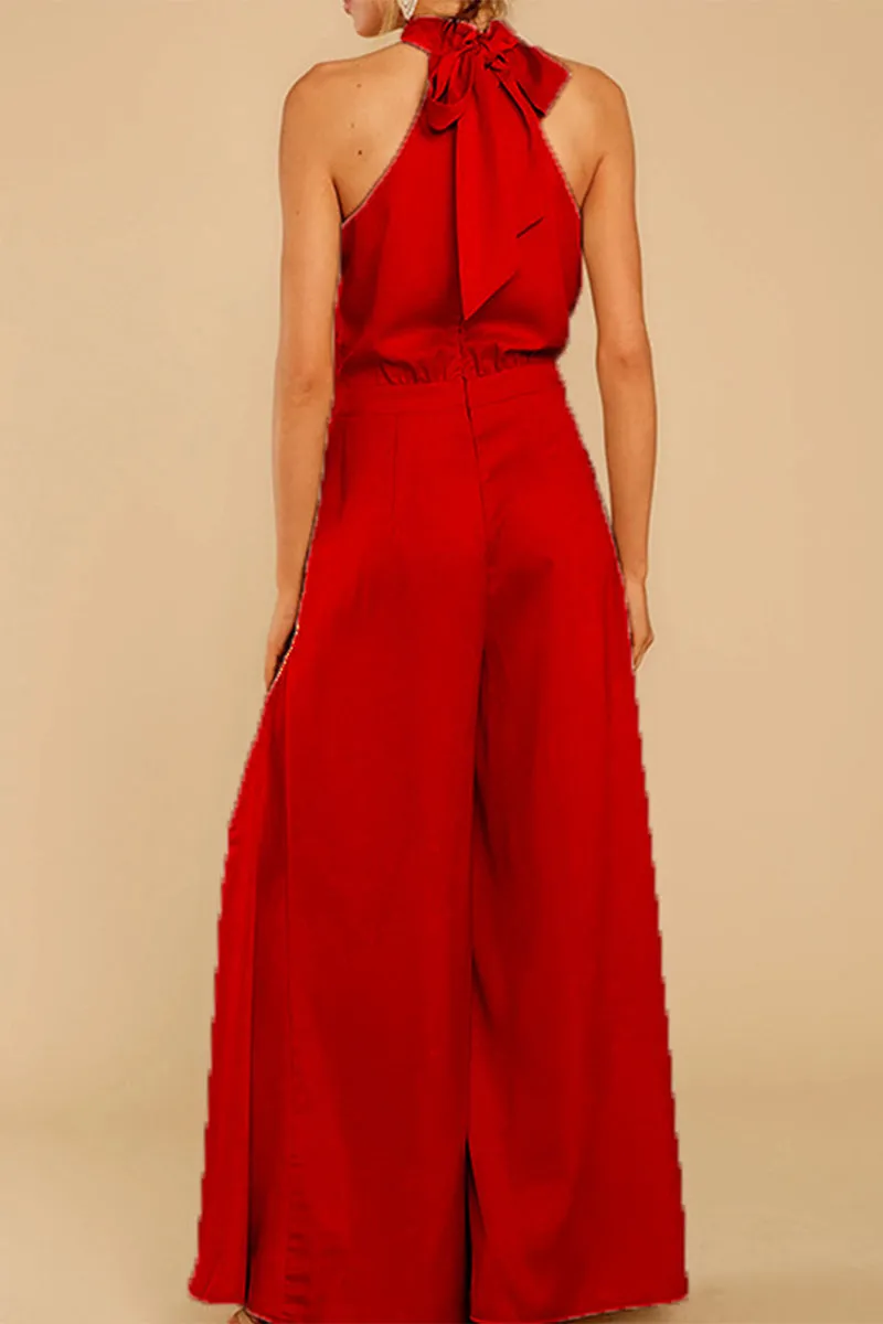 Fashion Casual Solid Patchwork Halter Loose Jumpsuits(5 Colors)
