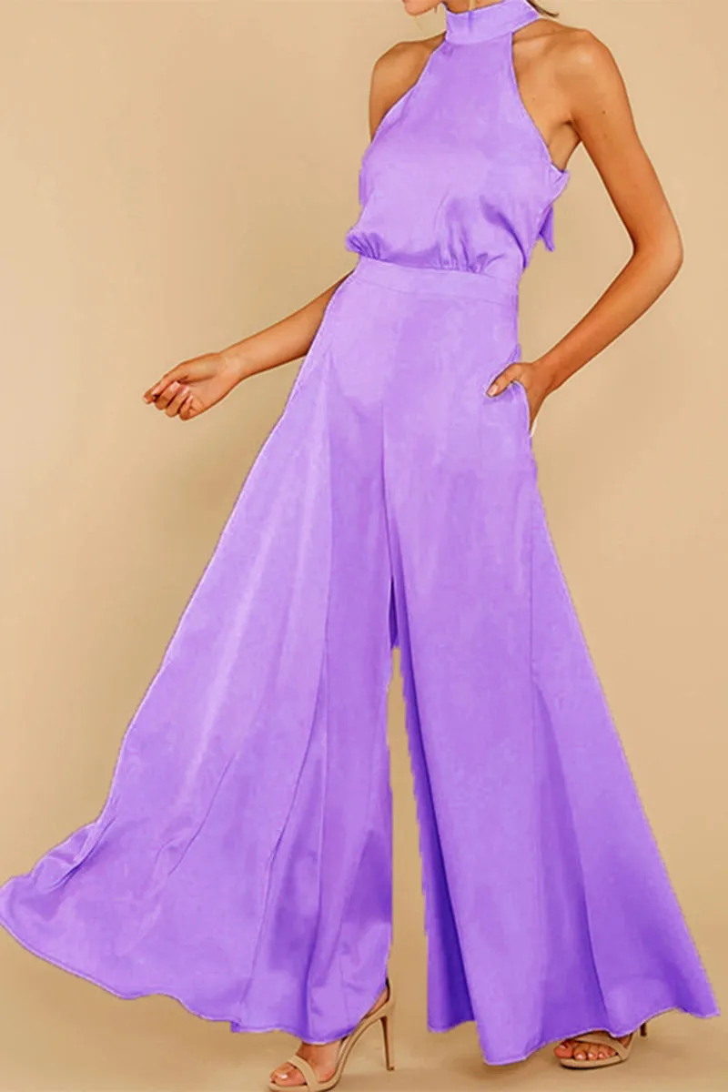 Fashion Casual Solid Patchwork Halter Loose Jumpsuits(5 Colors)