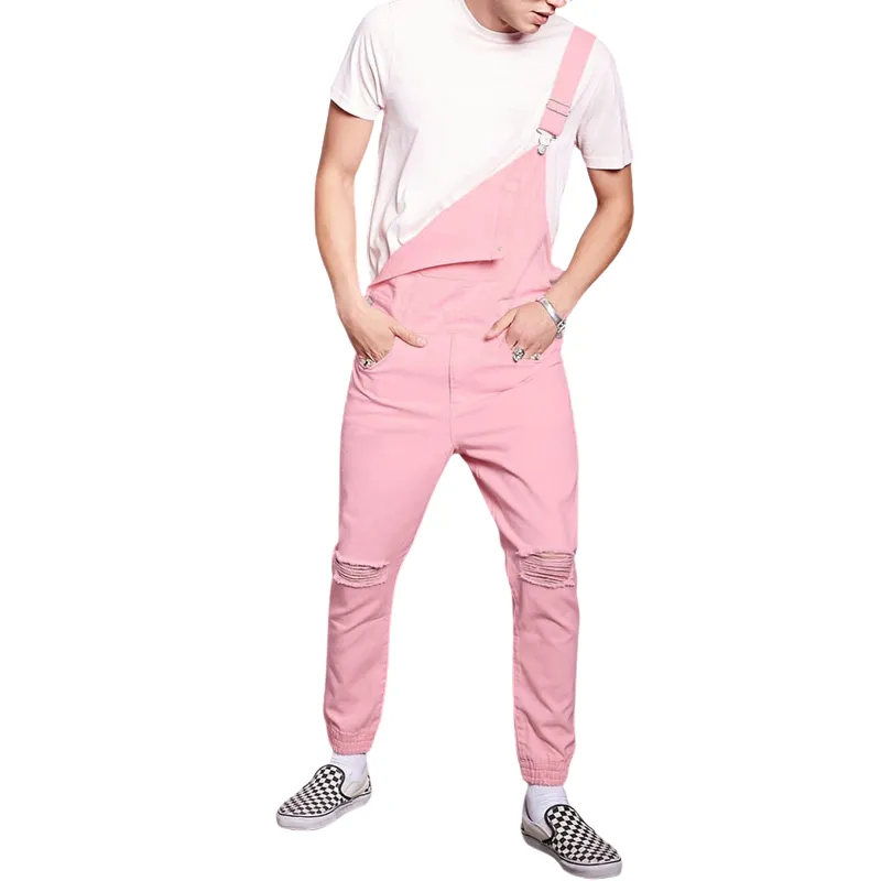 Fashion Men's Overall Ripped Jumpsuit Pink Denim Dungarees Jeans