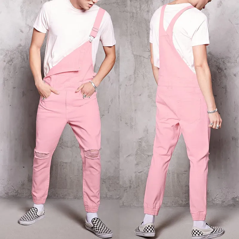 Fashion Men's Overall Ripped Jumpsuit Pink Denim Dungarees Jeans
