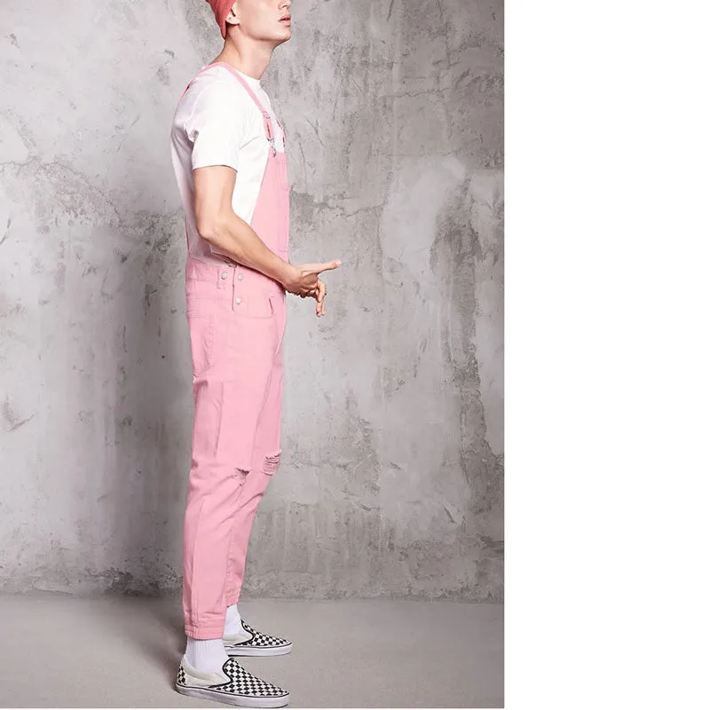 Fashion Men's Overall Ripped Jumpsuit Pink Denim Dungarees Jeans