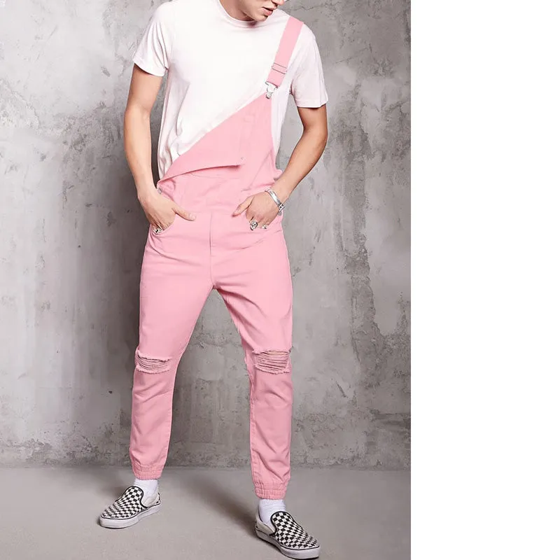 Fashion Men's Overall Ripped Jumpsuit Pink Denim Dungarees Jeans