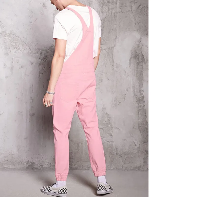 Fashion Men's Overall Ripped Jumpsuit Pink Denim Dungarees Jeans