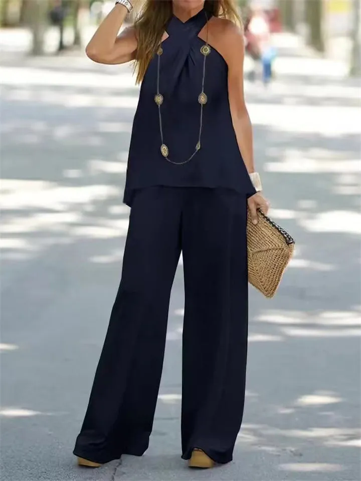 Female Popular Casual Halter Neck Sleeveless Solid Color Outfit