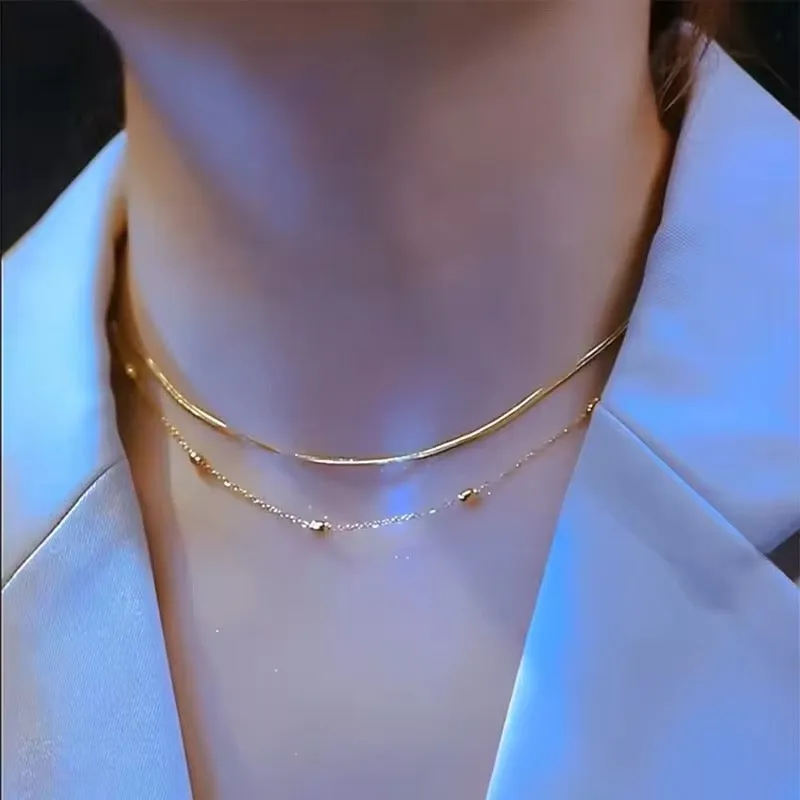 Feminine Energy Minimalist Gold Color Double Layer Choker Necklace