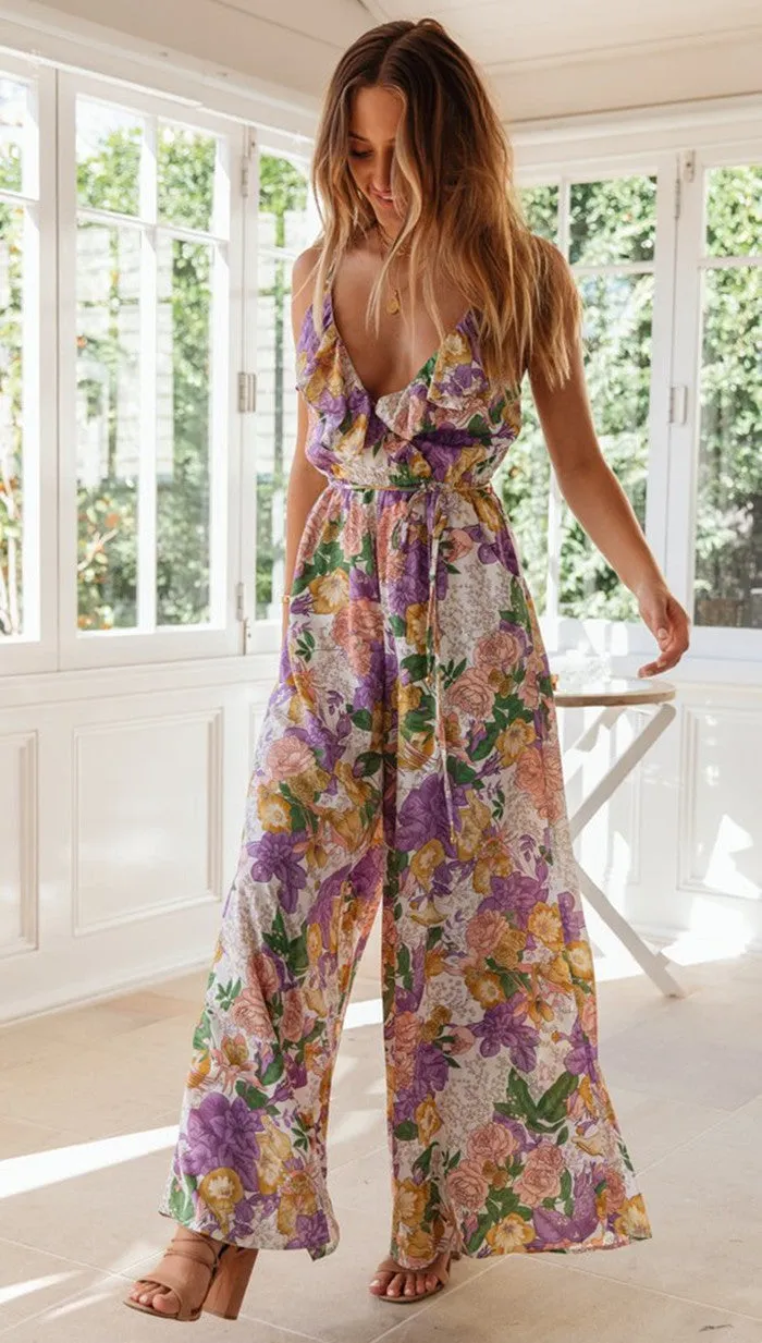Floral Ladies V-collar Jumpsuits