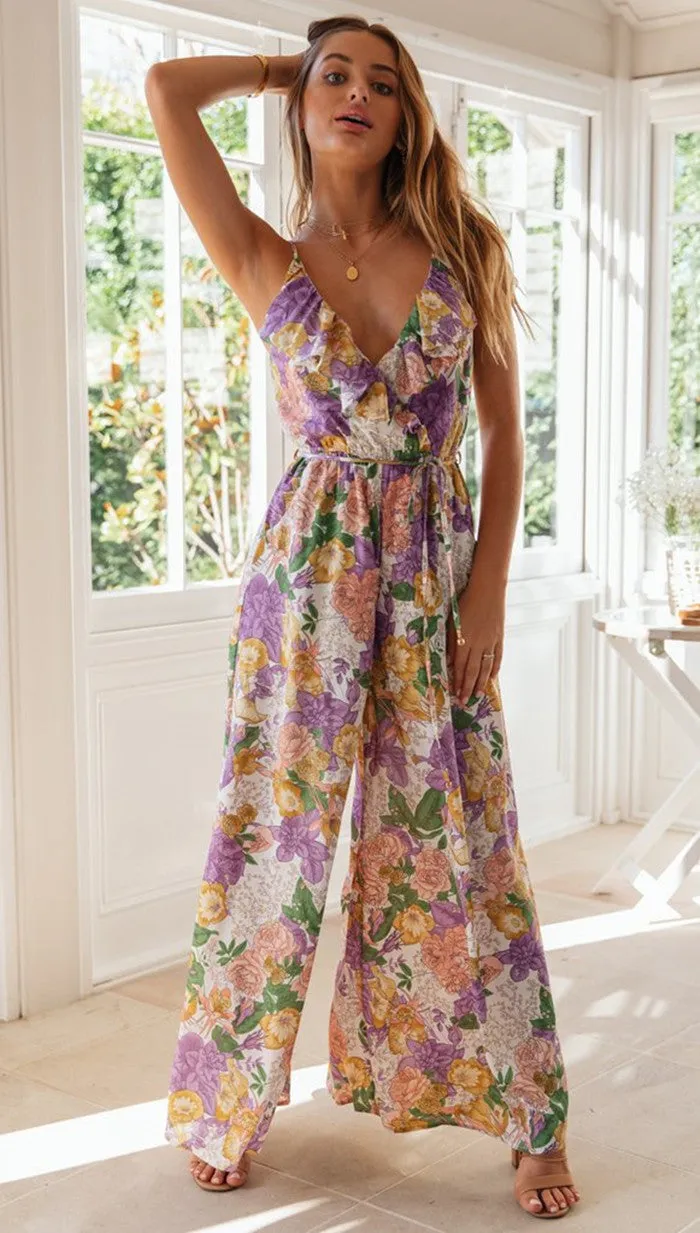 Floral Ladies V-collar Jumpsuits