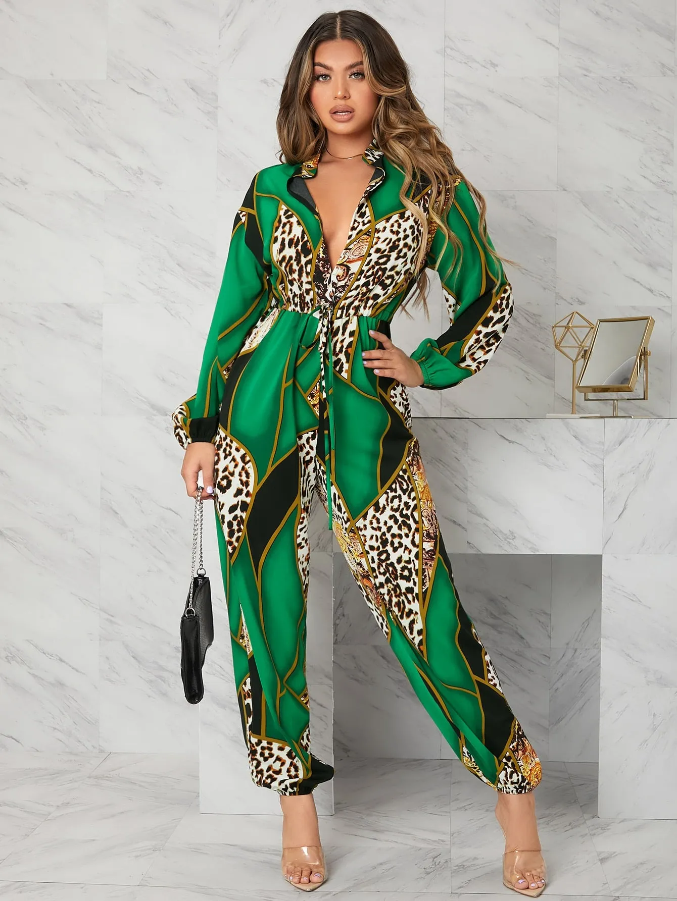Gina Lorrie Leopard And Geo Print Sleeve Jumpsuit