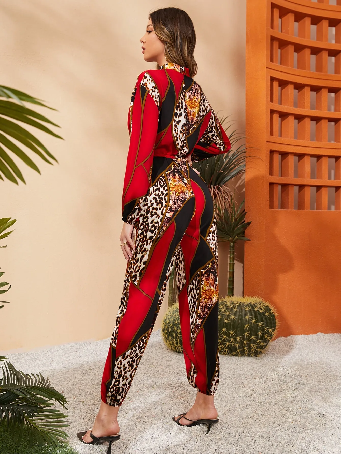 Gina Lorrie Leopard And Geo Print Sleeve Jumpsuit