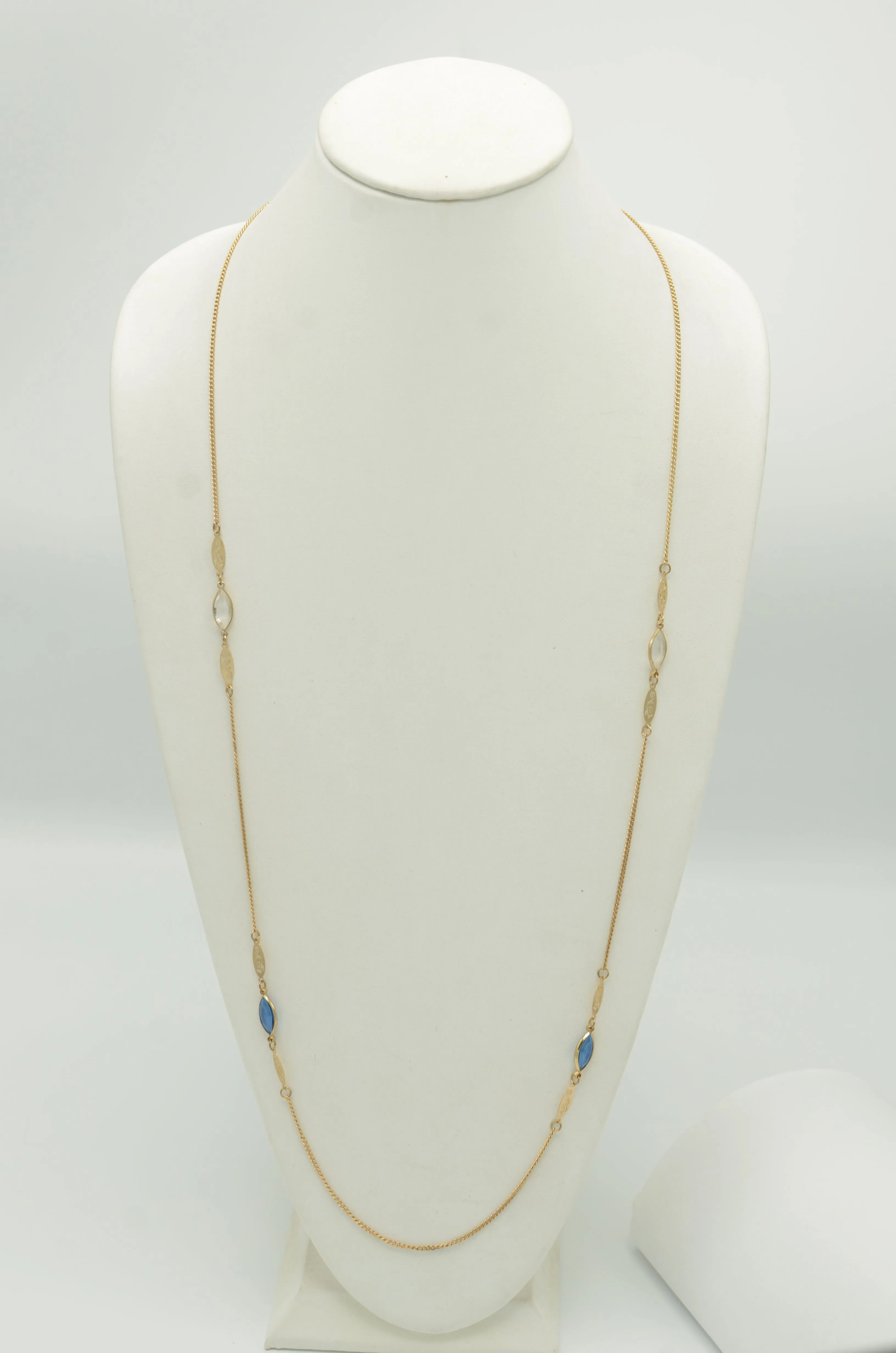 GOLD BLUE AND CLEAR MARQUES CRYSTAL 38" INCHES LONG CHAIN NECKLACE# SQGN091901(IB14)