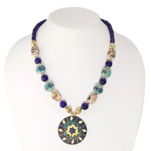 GOLD NAVY CREAM AND MINT CERAMIC BEADS ROUND PENDANT NECKLACE #FWNK-1902-12