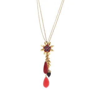 GOLD RED CRYSRAL ACORN FLOWER AND LEAF CHARM  NECKLACES #214RD1301 (1B7)